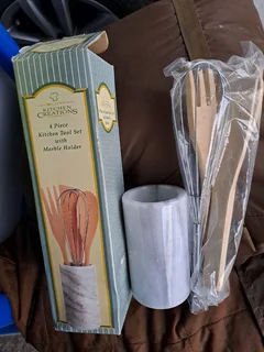 Kitchen Creations - Marble Rolling Pin And 4 Piece Kitchen Tool Set In Marble Holder - New