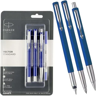 Parker Vector Standard ball Pen , Roller Pen &amp; Fountain Pen Blue Body (blue ink) set of 3 pens