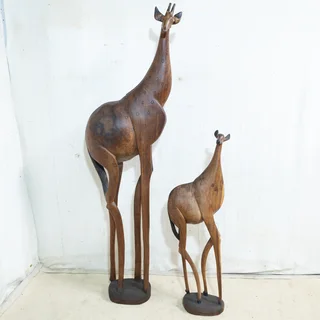 Pair of Giraffe Wooden Statues