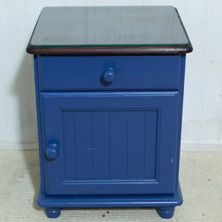 Blue Painted Wooden and Glass Top Pedestal