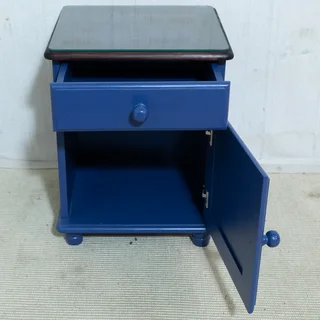 Blue Painted Wooden and Glass Top Pedestal