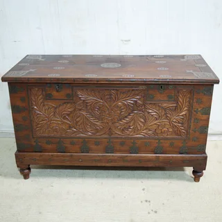 Antique Walnut Brass Embellished & Hand Carved Chest