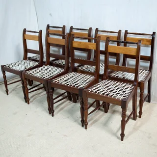 8x Yellowwood &amp; Imbuia Riempie Dining Room Chairs