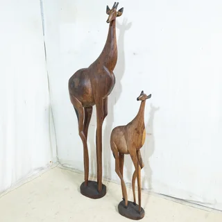 Pair of Giraffe Wooden Statues