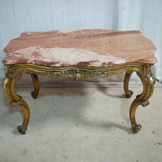 Antique ornate Italian Wooden Gilt & Marble Top Coffee Table