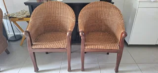 Solid Wood & Rattan Chairs – 3 Available (1 Large + 2 Accent)