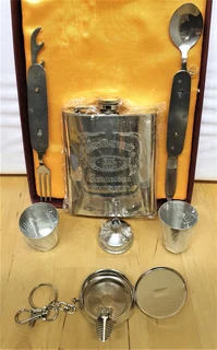 Jack Daniel&#39;s Hip Flask set - Shot Cups - Funnel, Snuff/Pill box, Knife, Fork, Spoon, Can Opener