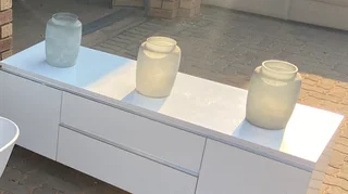 Large blue/grey decorative frosted glass vases