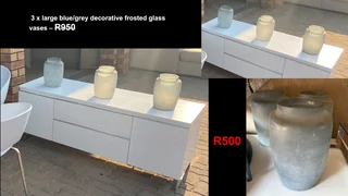 Large blue/grey decorative frosted glass vases