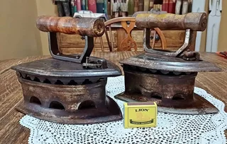 Pair of large antique “Special number 10. Tested” Coal Irons, latched with wooden handles