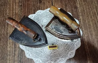 Pair of large antique “Special number 10. Tested” Coal Irons, latched with wooden handles