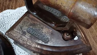Pair of large antique “Special number 10. Tested” Coal Irons, latched with wooden handles
