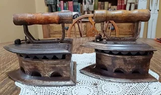 Pair of large antique “Special number 10. Tested” Coal Irons, latched with wooden handles