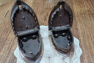 Pair of large antique “Special number 10. Tested” Coal Irons, latched with wooden handles