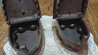 Pair of large antique “Special number 10. Tested” Coal Irons, latched with wooden handles