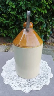 Stoneware flagon with handle. “Non-Alcoholic Ideal Brewed Beverages”. Lewis &amp; Coy