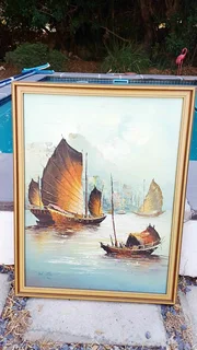 Large MCM original signed oil on board. Chinese junk boats approaching  Hong Kong harbour at sunset