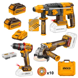 Ingco Cordless Impact Drill, Angle Grinder and Rotary Drill 20V Combo Kit