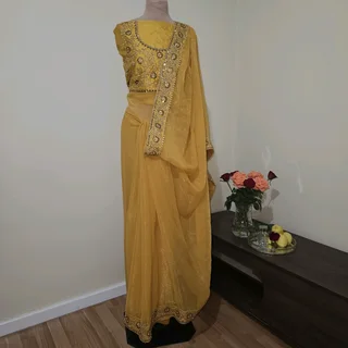 Brand New Beautiful Golden Goddess Unstitched Sari