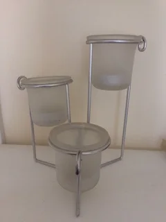 3 tier frosted candle holders in stand