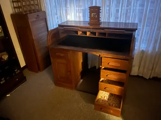 Desk Roll Top/Tambour with oak Filing Cabinet &amp; Oak Calendar  Holder - 1900's World War 1
