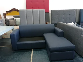 L-shaped daybed couch, denim blue.