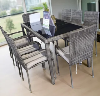 8-Seater Rectangular Rattan Dining Set in Grey