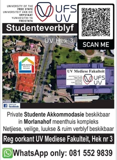 ✨ Netjiese &amp; Veilige Studenteverblyf - Reg oorkant die UV Mediese Fakulteit ✨