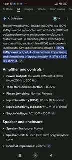 Large Kenwood SW-501 active 12 inch subwoofer at 150 watt RMS 300 watt peak perfect for movies and m