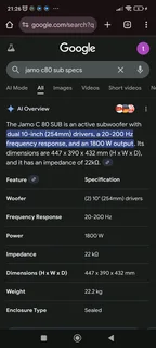 Jamo C80 SUB active dual 10 inch 1800 watt RMS 4200 watt peak subwoofer in immaculate condition with