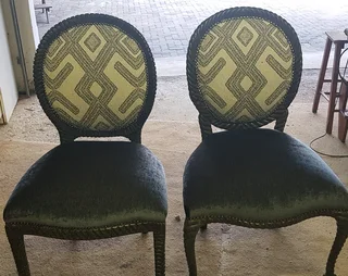2 Beautiful chairs in a beautiful green and beige fabric
