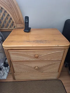 Bedside tables, headboard, bed and mattress.