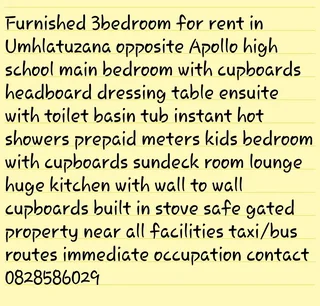 3 bedroom house for rent in Umhlatuzana opposite Apollo high school