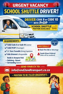 Shuttle driver needed in Kempton park / Bobsburg/ Benoni