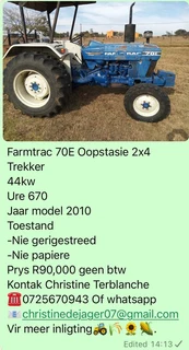 Farmtrac 70E Oopstasie 2x4 Trekker