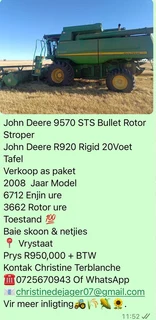 John Deere 9570 StS Bullet Rotor Stroper +20Voet Rigid Tafel