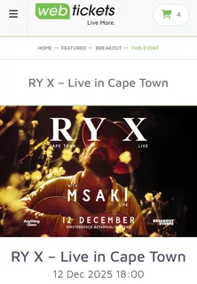 4 Tickets for Ry X, performing Live at Kirstenbosch on 12 Dec at 18:00.