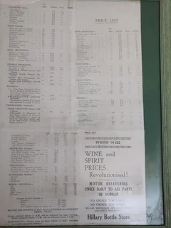 Vintage price list 1950s Durban