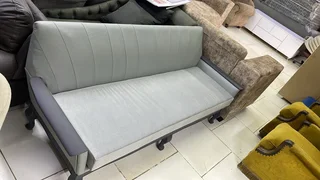 The Home Stores' Three Seater Grey Genuine Leather + Grey Velvet Antic Wooden Sofa