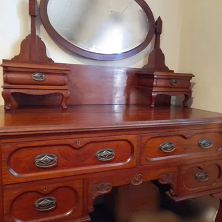 Antique solid Satin Walnut wardrobe, dressing table and bedside pedestal.