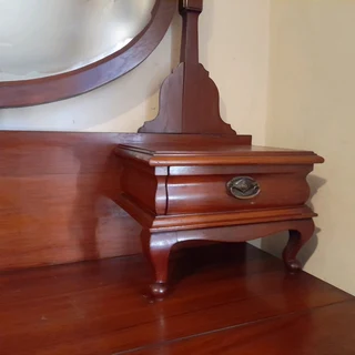 Antique solid Satin Walnut wardrobe, dressing table and bedside pedestal.