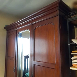 Antique solid Satin Walnut wardrobe, dressing table and bedside pedestal.