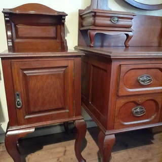 Antique solid Satin Walnut wardrobe, dressing table and bedside pedestal.