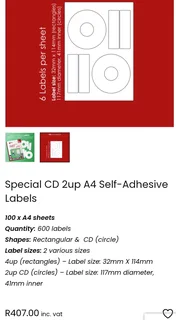Redfern CD Special 2UP 41mm labels. 57 sheets.