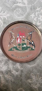 Vintage brass and enamel " unie van suid afrika union of south africa" tray