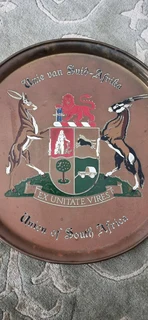 Vintage brass and enamel &#34; unie van suid afrika union of south africa&#34; tray