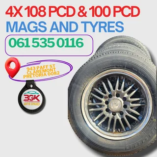 4x 108 pcd & 100 pcd mags and tyres R4000 Whatsapp me 0615350116