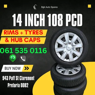 14inch 108 pcd rims plus tyres and hub caps full set R4500 Call 061 535 0116