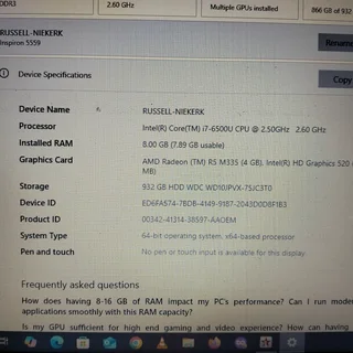 Dell I7 Intel Laptop 8Gb ram 1Tb Hard Drive AMD 4Gb graphics card