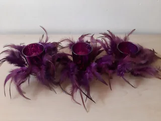Purple and Silver Candle Holders with feather rings. 3 of each